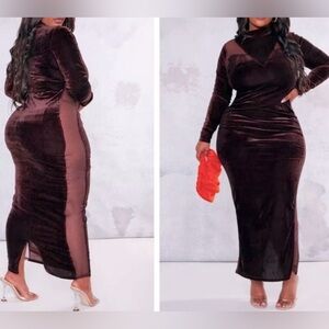 Plus Size 16 | Chocolate Velvet Mesh Bodycon Maxi Dress | Worn Once